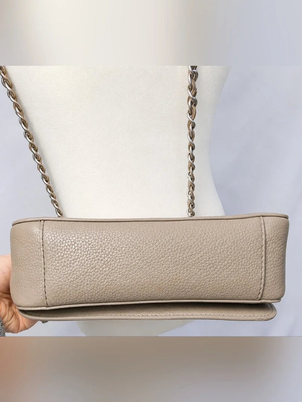 Tory Burch Taupe Pebbled Leather Flap Crossbody Shoulder Bag Silver Chain
